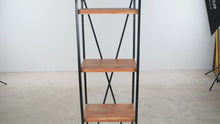 Load and play video in Gallery viewer, Industrial Acacia Wood and Metal 4 Shelf Bookcase Display Shelving Unit
