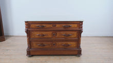 Load and play video in Gallery viewer, Late 19th Century Victorian Marble Top Dresser with Burl Wood Drawer Fronts and Carved Columns
