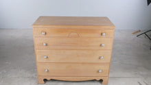 Load and play video in Gallery viewer, Vintage Solid Birch Four Drawer Chest of Drawers with Carved Fan Motif
