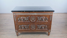 Load and play video in Gallery viewer, Charlotte Hall Two-Drawer Carved Wood Chest with Black Stone Top
