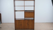 Load and play video in Gallery viewer, Mid Century Modern Wood Bookcase Cabinet with Drop Front Bar Storage

