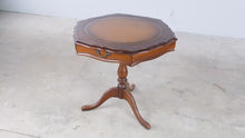 Load and play video in Gallery viewer, Vintage Mahogany Hexagonal Leather Top Accent Table with Drawer - ONLINE ONLY
