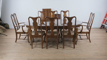 Load and play video in Gallery viewer, Classic Manor Dining Set by Ethan Allen – Table with 8 Chairs, 2 Leaves &amp; Pads
