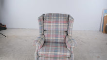 Load and play video in Gallery viewer, Broyhill Traditional Wingback Chair with Pastel Plaid Upholstery and Wood Legs
