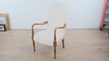 Load and play video in Gallery viewer, Traditional Upholstered Armchair with Carved Wood Frame and Ivory Diamond Pattern Fabric
