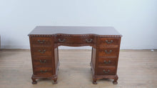 Load and play video in Gallery viewer, Vintage Union National Mahogany Vanity Desk with Greek Key Carving and Flame Grain Drawers
