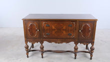 Load and play video in Gallery viewer, Vintage Jacobean Style Walnut Buffet Sideboard Server Cabinet - Online Only
