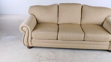 Load and play video in Gallery viewer, Traditional Gold Upholstered Sofa with Rolled Arms and Nailhead Trim - Online Only
