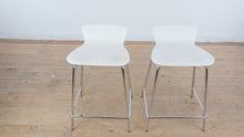 Load and play video in Gallery viewer, Pair of Crate &amp; Barrel Modern White Counter Stools with Chrome Bases
