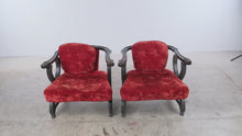 Load and play video in Gallery viewer, Pair of Antique-Style Carved Wood X-Frame Armchairs in Red Velvet
