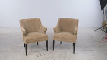 Load and play video in Gallery viewer, Pair of Vintage Tan Velvet Tufted Barrel Back Accent Chairs
