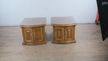 Load and play video in Gallery viewer, Traditional Burl Wood Cabinet End Tables Pair Curved Front Side Tables
