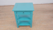 Load and play video in Gallery viewer, Teal Painted Wood End Table Nightstand With Drawer and Shelves
