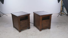 Load and play video in Gallery viewer, Pair of Rustic Wood End Tables / Nightstands with USB Charging and Cabinet Storage
