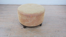 Load and play video in Gallery viewer, Round Upholstered Ottoman with Neutral Fabric and Wood Base 31 Inch
