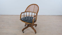 Load and play video in Gallery viewer, Vintage Oak Cane Back Swivel Office Chair with Tufted Leather Seat and Casters
