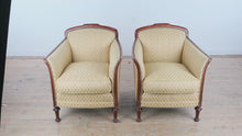 Load and play video in Gallery viewer, Statesville Chair Company Upholstered Tub Armchairs with Carved Wood Frames – Pair
