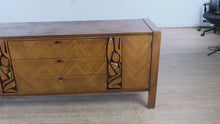 Load and play video in Gallery viewer, Mid-Century “Tiki Brutalist” Walnut Lowboy Dresser by United Furniture – 75&quot; Long
