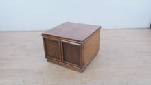 Load and play video in Gallery viewer, Walnut Finish MCM Style Square Storage Cabinet Sliding Door Accent Table 29x29x20
