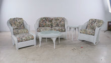 Load and play video in Gallery viewer, Vintage Lloyd Loom Wicker Patio Furniture Set with Tropical Upholstery and Glass Tables
