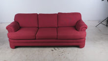 Load and play video in Gallery viewer, Red Upholstered Three-Seat Sofa with Rolled Arms
