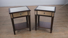 Load and play video in Gallery viewer, Pair of Pier 1 Mirrored Side Tables with Dark Wood Frame
