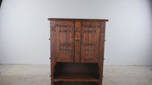 Load and play video in Gallery viewer, Vintage Spanish Revival Carved Wood Bar Cabinet with Open Shelving
