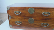 Load and play video in Gallery viewer, Henredon Campaign Style 2-Drawer Chest – Brass Accents &amp; Solid Wood
