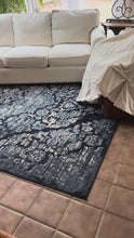 Load and play video in Gallery viewer, Victoria Collection Distressed Navy Oriental Floral Area Rug 8 x 10
