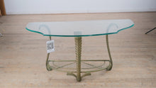 Load and play video in Gallery viewer, Acanthus Leaf Metal Console Table with Glass Top
