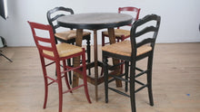 Load and play video in Gallery viewer, One-of-a-Kind Rustic Round Bar Table with Mixed Designer Bar Stools Set
