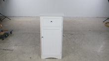 Load and play video in Gallery viewer, White Narrow Bathroom Storage Cabinet with Drawer and Shelves
