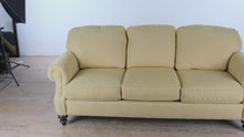 Load and play video in Gallery viewer, Clayton Marcus Upholstered Sofa in Golden Wheat – 85”W x 36”D x 39”H
