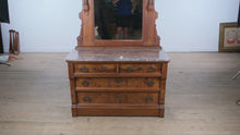 Load and play video in Gallery viewer, Cobble Heart Eastlake 4-Drawer Marble Top Dresser with Burled Fronts &amp; Mirror

