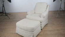 Load and play video in Gallery viewer, Sherrill Upholstered Armchair with Ottoman – Neutral Cream with Subtle Sheen
