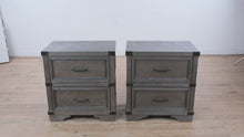 Load and play video in Gallery viewer, Vickery Creek Weathered Gray 2 Drawer Nightstands with Antique Pewter Hardware Pair
