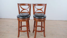 Load and play video in Gallery viewer, Set of 2 Swivel Counter Height Bar Stools in Cherry Finish with Black Upholstered Seats
