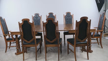 Load and play video in Gallery viewer, Vintage Oak Dining Table 8 Chairs 3 Leaves Black Upholstered Gothic Revival Set
