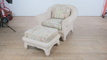 Load and play video in Gallery viewer, Cream Woven Wicker Lounge Chair &amp; Matching Ottoman – Tropical Upholstery, Coastal Cottage Style
