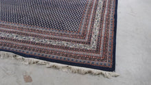 Load and play video in Gallery viewer, Vintage Persian Style Navy Blue Wool Area Rug 9 x 12 Diamond Lattice Floral Pattern
