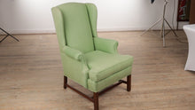 Load and play video in Gallery viewer, Bright Green Wingback Chair with Woven Upholstery Pattern
