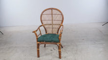 Load and play video in Gallery viewer, Rattan Peacock Back Armchair with Woven Cane and Green Cushion
