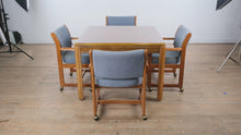 Load and play video in Gallery viewer, 42" Square Oak Dining Set &amp; Four Rolling Chairs
