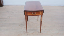 Load and play video in Gallery viewer, American Masterpiece Collection by Hickory Furniture Inlaid Mahogany Drop-Leaf Side Table with Drawer
