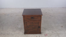 Load and play video in Gallery viewer, Rustic Dark Wood One Drawer Nightstand with Louvered Cabinet Door
