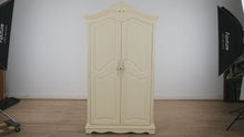 Load and play video in Gallery viewer, Elegant Cream Armoire by Muniré – French-Inspired Storage with Hanging Rod and Drawers
