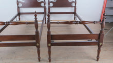 Load and play video in Gallery viewer, Pair of Mahogany Twin Poster Beds with Turned Spindle Footboards
