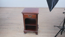Load and play video in Gallery viewer, Vintage Mahogany Nightstand with Drawer &amp; Interior Shelf – 28&quot; Tall
