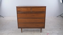 Load and play video in Gallery viewer, Mid Century Modern Dixie Walnut 5 Drawer Chest on Tapered Legs

