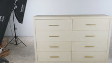 Load and play video in Gallery viewer, Restoration Hardware Graydon Shagreen 8-Drawer Dresser in Bone and Burnished Brass
